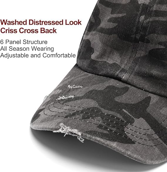Criss Cross Hat Washed Distressed Baseball Cap Ponytail Hat High Messy Bun Ponycap for Women