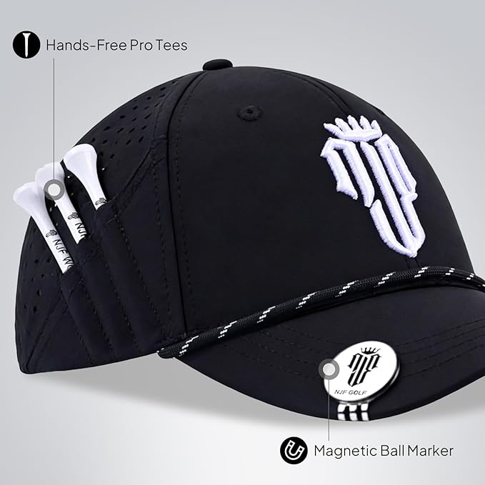 NJF Golf Hat Men - Breathable Mens Golf Hats, Adjustable Rope Hook and Loop Style Cap, Convenient Cap with Tee Holder