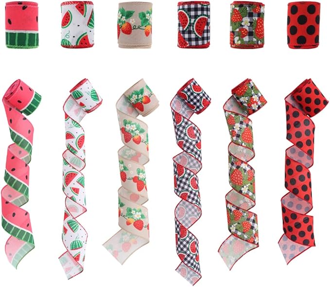2.5" Watermelon and Strawberry Ribbon, Summer Craft Wire Edged Ribbon, Polka - Image 3