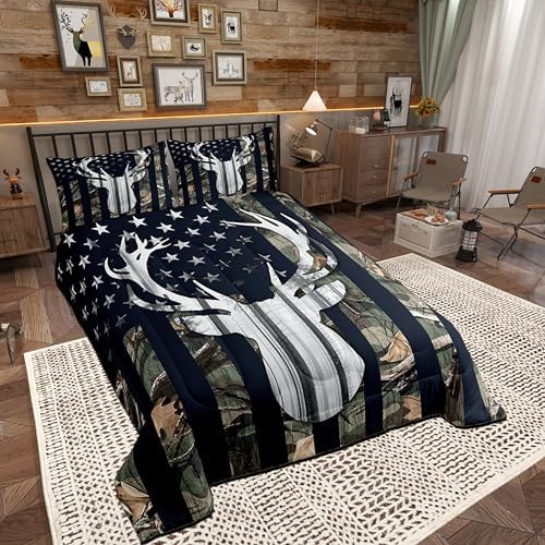 Camo Toddler Size Bedding Set for Boys, Army Green Camo American Flag Comforter Set,Teens Camouflage Deer Animal Hunting Quilt Set Rustic Farmhouse Woodeen Cabin Decor Bedding Quilt,1 Pillowcase