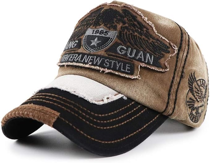 Elwow Men's Oilcloth Front Decor Washed Distressed Embroidery Baseball Cap Driver Trucker Hat with Eagle & Shark Patch