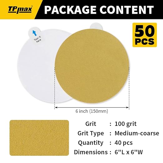 6-Inch 100-Grit Gold PSA Sanding Discs, 50 Pack – Pro-Grade Self-Adhesive - Image 2