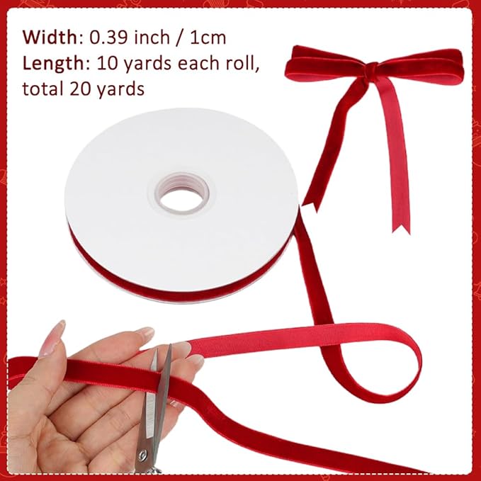 Red Velvet Ribbon, 0.39 Inch x 20 Yards Single Faced Red Ribbon - Image 2