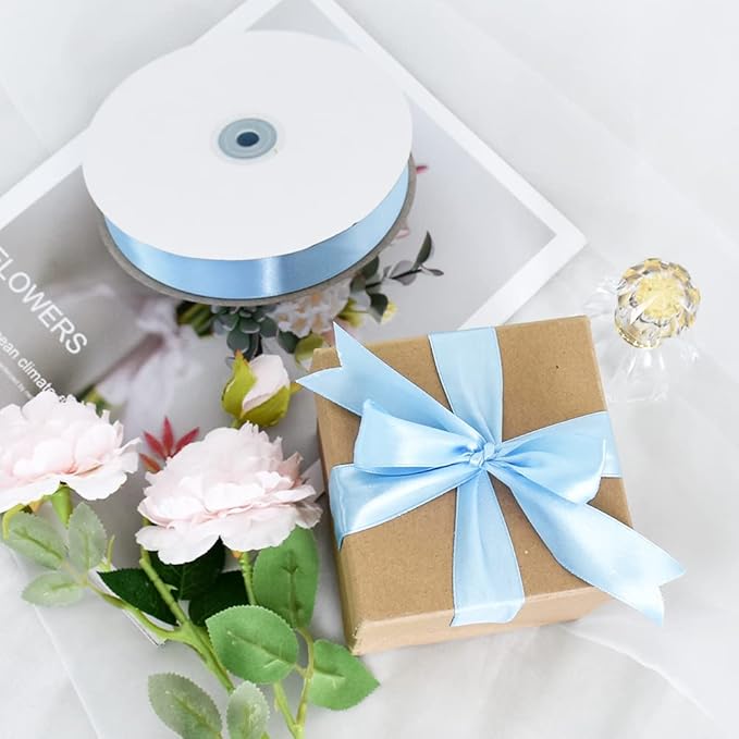 TONIFUL 1 Inch x 100yds Sky Blue Satin Ribbon, Thin Solid Color Satin Ribbon - Image 5