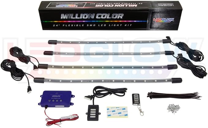 LEDGlow 4pc Standard Million Color LED Golf Cart Underglow Underbody Neon Lighting Kit Fits EZGO, Yamaha, Club Car, ICON, Evolution, Tomblerin, Star EV - Flexible Tubes - Previous Generation Model