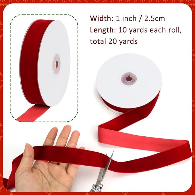 Red Velvet Ribbon, 1 Inch x 20 Yards Single Faced Red Ribbon - Image 3