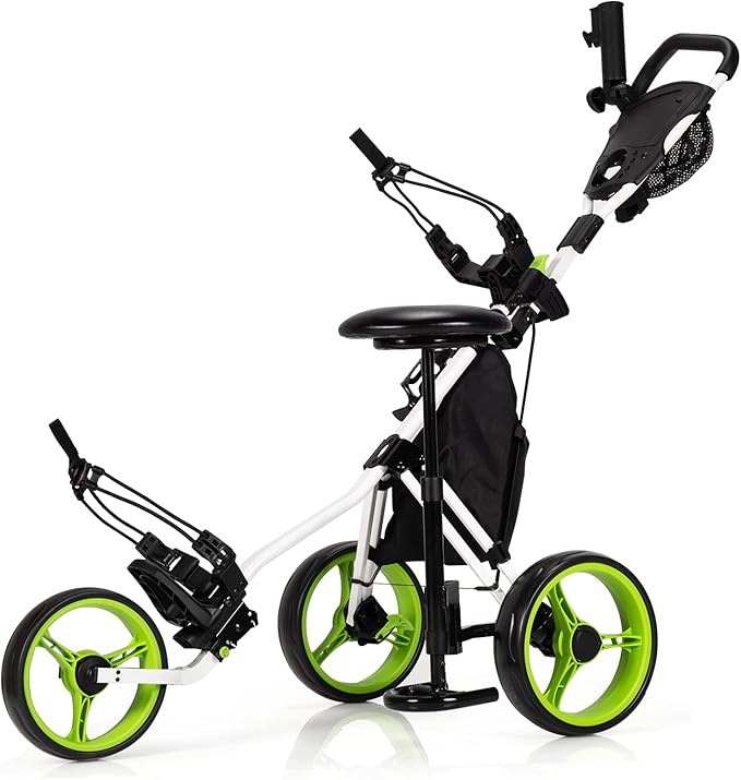 Tangkula Golf Push Pull Cart with Seat, Lightweight Folding 3 Wheels Trolley W/Storage Bag, Foot Brake, Adjustable Umbrella Holder & Seat, 4 Height Position Handle (Green)
