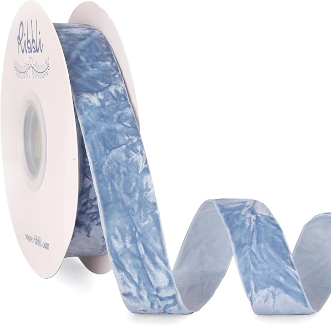 Ribbli Dusty Blue Velvet Ribbon 1 Inches Luxury Crinkled Blue Christmas Ribbon by Ribbli