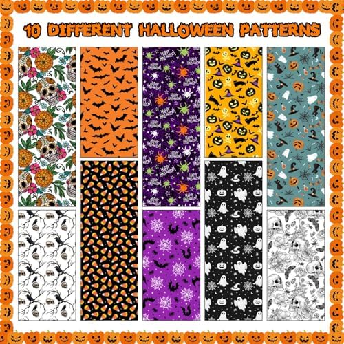 40 Pcs Halloween Fabric Strips Roll for Quilting Crafting 40 x 2.6 Inch Quilting Ghost Skull Pumpkin Candy Spider Bat Precut Patchwork for Sewing DIY Crafts Cotton Fabric Bundles