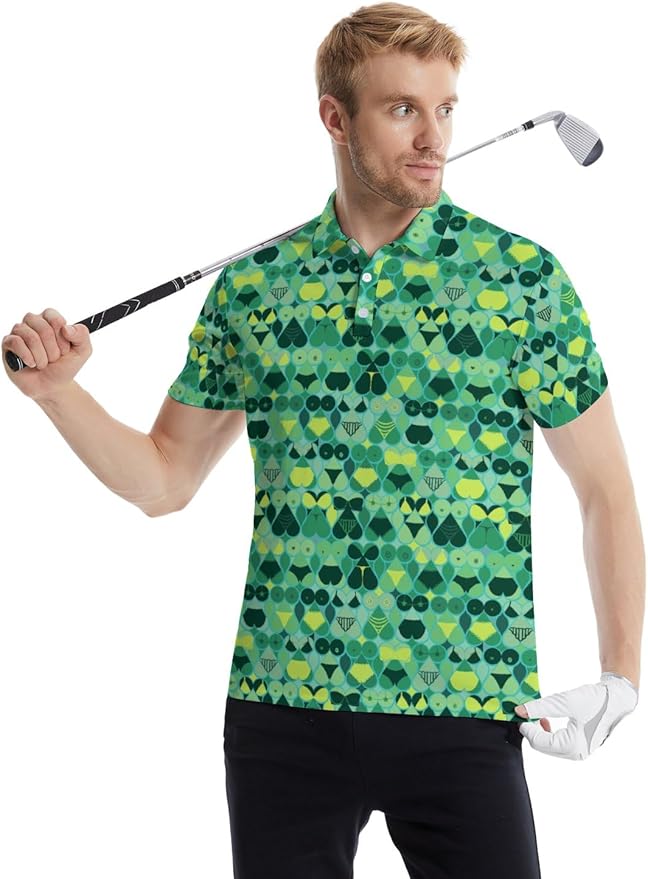 HUURAY Funny Golf Polos for Men Funny Print Short Sleeve Shirts Quick Dry Polo Shirts Hawaiian Shirt Performance Golf Outfits