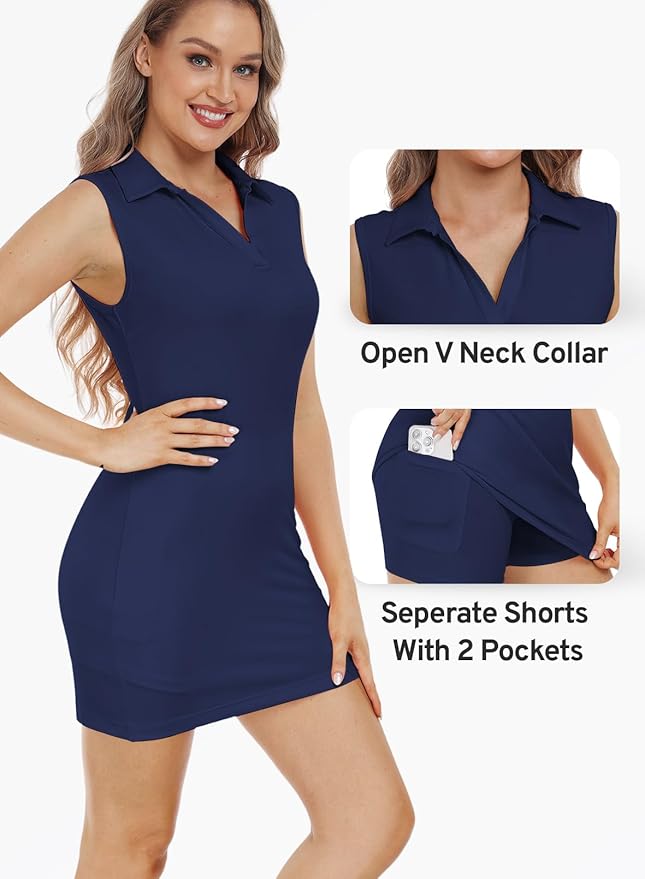 Hiverlay Golf Dresses for Women with Shorts and Pockets, V-Neck Short Sleeve Tennis Dress, Workout Athletic Dresses