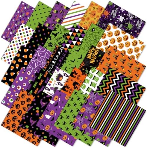 JarThenaAMCS 60Pcs Halloween Cotton Fabric Bundles 10 x 10 Inch Pumpkin Bat Ghost Black Cat Spider Web Precut Quilting Cotton Fabric Patchwork Squares for DIY Craft Sewing Party Decor