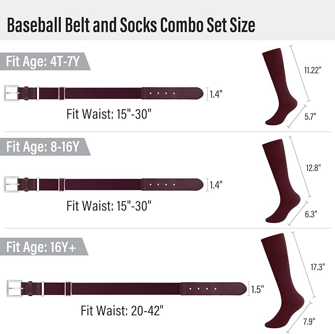Baseball Socks and Belt for Youth Adult Softball Socks Combo Elastic Waist Belt for Men Kids Boys Girls Women JASGOOD