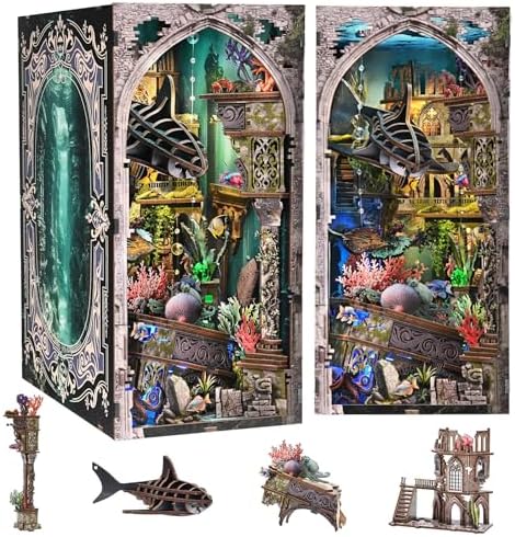 fifijoy Book Nook Kit - DIY Miniature Dollhouse for Adults and Teens, Creative Bookshelf Decor 3D Wooden Puzzle Bookend with LED Light, Unique Gift for Family and Friends (Lost City of Atlantis)