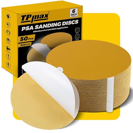 6-Inch 320-Grit Gold PSA Sanding Discs, 50 Pack – Pro-Grade Self-Adhesive by TPmax
