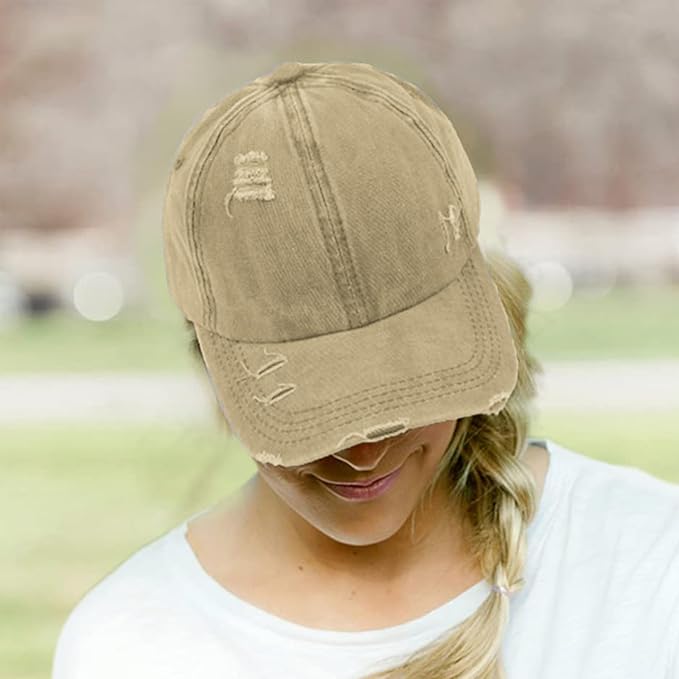 Womens Criss Cross Ponytail Baseball Cap Distressed Ponytail Hat High Messy Bun Trucker Ponycap for Outdoor Sports