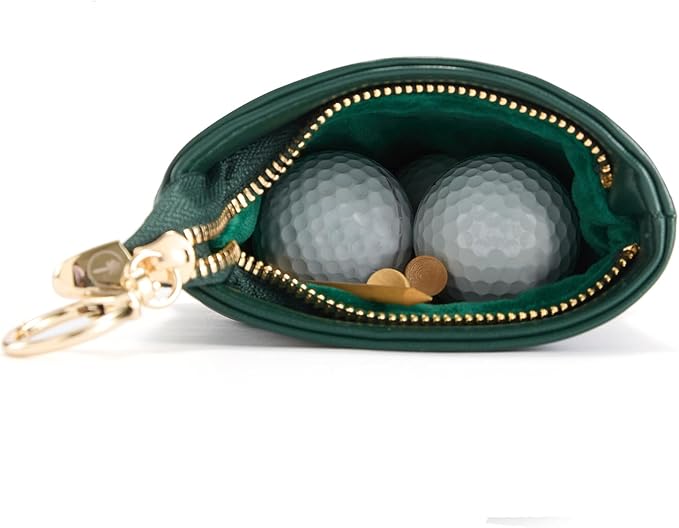 PINKTEE Golf Valuables Pouch Premiun Leather Tee Bag Funny Golf Accessories Organizer with Zipper Master Green for Women Men (TALK BIRDIE TO ME, White stripe)