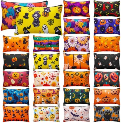 Meanplan 24 Pcs Halloween Makeup Bags Bulk Canvas Cosmetic Bags with Zipper