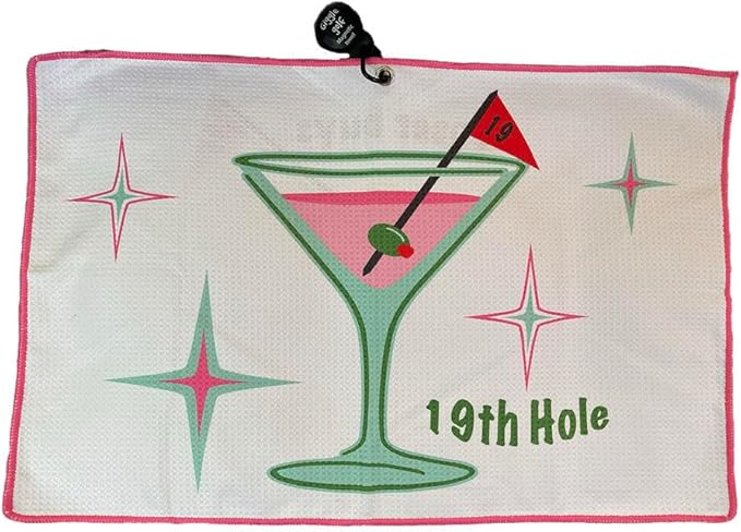 Giggle Golf Martini Par 3 Pack for Women, Microfiber Waffle Weave Golf Towel, Tee Bag with Tees and Bling Ball Marker with Magnetic Hat Clip (19th Hole)