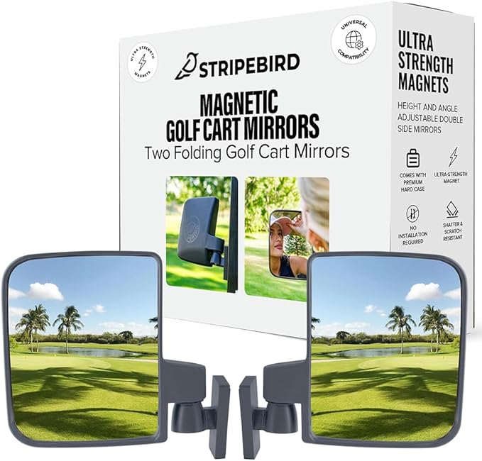 Stripebird - Magnetic Golf Cart Mirrors 2.0 (Gray) - No Drilling - Ultra-Strength Magnet - 2 Folding Side Mirrors - EZ Go Accessory - Club Car Accessory - Golf Cart Accessory