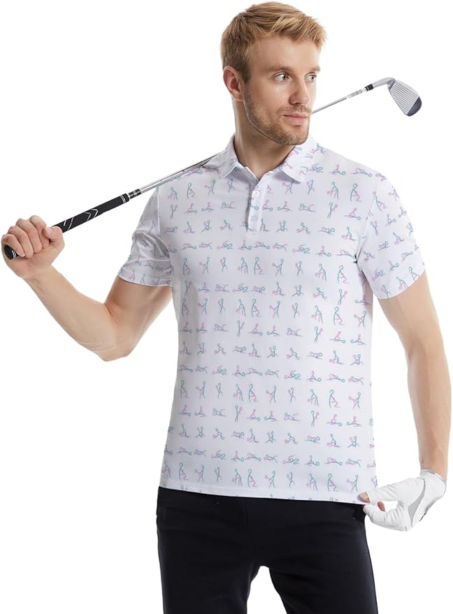 HUURAY Funny Golf Polos for Men Funny Print Short Sleeve Shirts Quick Dry Polo Shirts Hawaiian Shirt Performance Golf Outfits