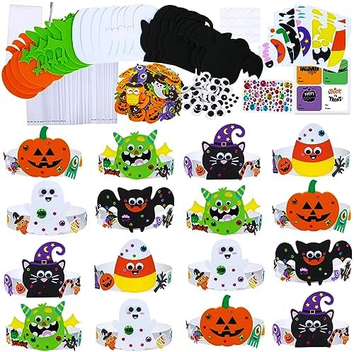 Winlyn 24 Sets Halloween Headbands Craft Kits Crown Art Sets Jack-o'-Lantern Candy Corns Ghost Monster Bat Paper Hat with Halloween Foam Stickers for Kids Halloween Classroom Activities Party Favors