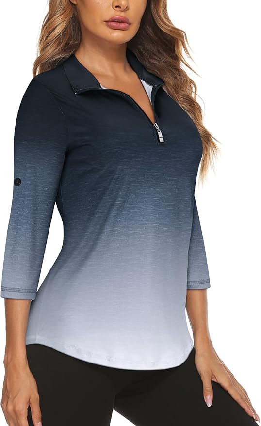 Koscacy Women's 3/4 Roll Sleeve Golf Tennis Polo Shirts UPF50+ Half Zip Dry Fit Workout Tops Athletic Shirt
