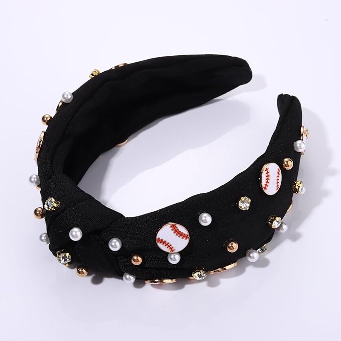 Baseball Headband for Women Baseball Accessories Beaded Crystal Pearl Knotted Headbands Baseball Charm Embellished Headband Wide Top Knot Sports Game Day Headband Gifts (A-Black 2)