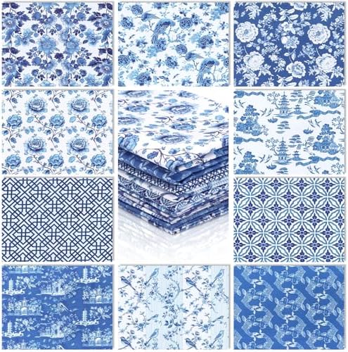 Hahafelt 10Pcs 18"x22" Blue and White Fat Quarter Chinoiserie Fabric Bundle