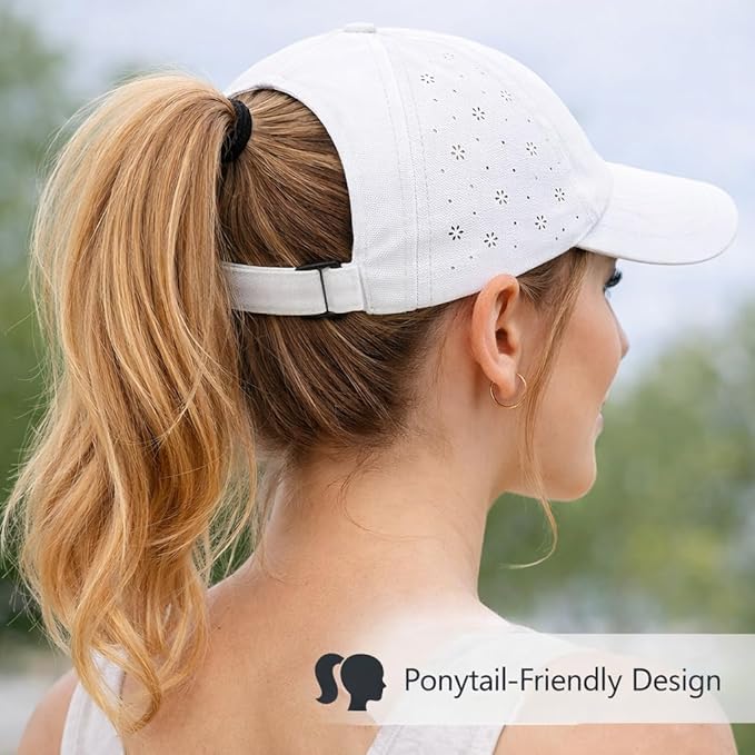 Women’s Ponytail Baseball Cap, Quick-Dry Sport Caps Hat with Breathable Daisy Perforations for Running, Tennis, Golf