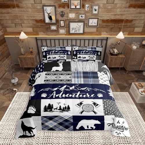 Castle Fairy Deer Bear Comforter Set Twin Size,Rustic Farmhouse Wildlife Patchwork Blue Bedding Set for Kids Boys Men,Camping Cabin Decor Boho Aztec Tribal Quilted Duvet Set with 1 Pillowcase