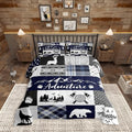 Castle Fairy Deer Bear Full Size Comforter Set,Rustic Farmhouse Wildlife Patchwork Blue Bedding Comforters Bedroom Collection,Camping Cabin Decor Boho Aztec Tribal Bedding Set for Girls Teens