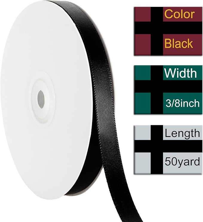 3/8 Inch Black Ribbon, 50 Yards Craft Polyester Satin Ribbon Perfect - Image 2