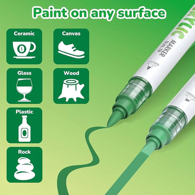 Guangna 12 Green Dual Tip Acrylic Paint Markers, Brush Tip & Chisel Tip Acrylic - Image 6