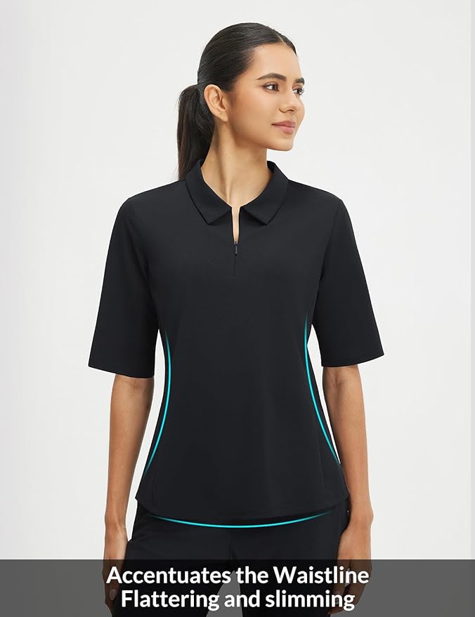 baleaf Women's Golf Shirts Half Sleeve Elbow Length Sleeves Polo Tops Workout Athletic Collared Quarter Zip V Neck UPF