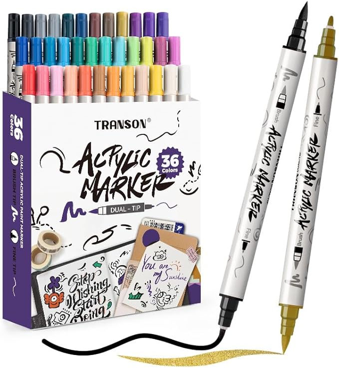 TRANSON 36 Colors Fine and Brush Dual-tip Acrylic Paint Marker Pen Set by Transon
