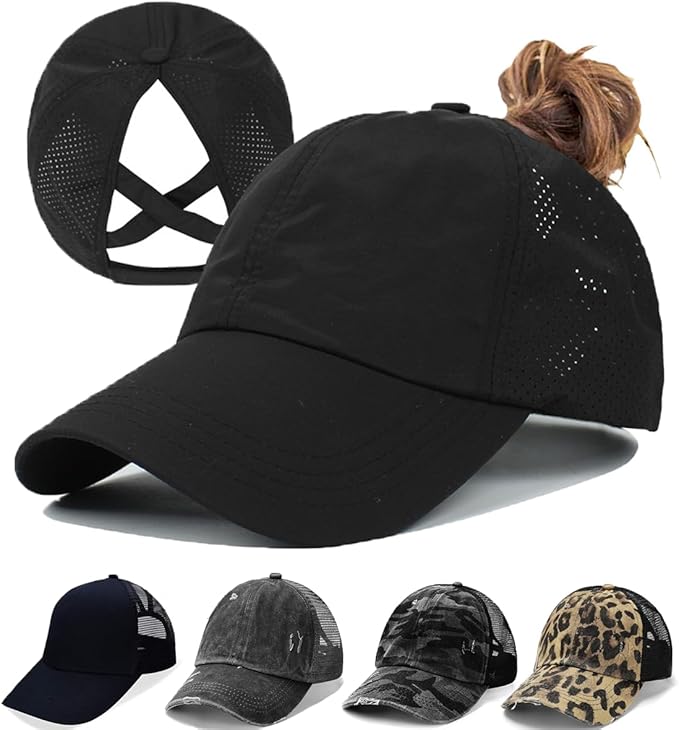 Criss Cross Hat Washed Distressed Baseball Cap Ponytail Hat High Messy Bun Ponycap for Women