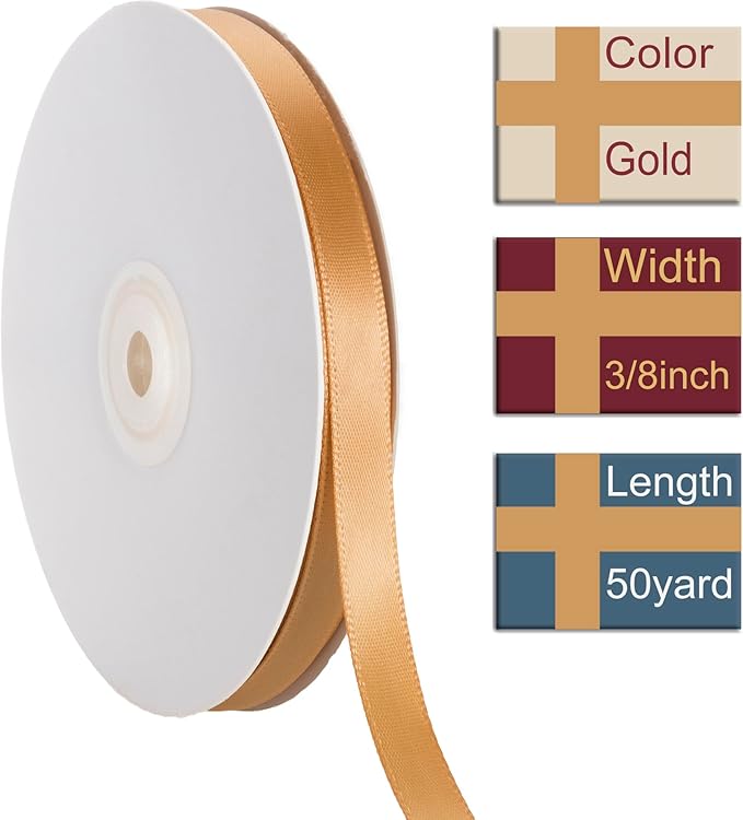 3/8 Inch Gold Ribbon, 50 Yards Craft Polyester Satin Ribbon Perfect - Image 2