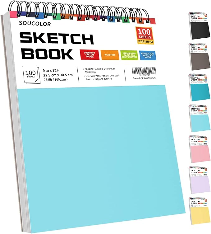 Soucolor 9" x 12" Spiral Bound Blank Sketch Notebook Journal Book- 1-Pack 100 by Soucolor
