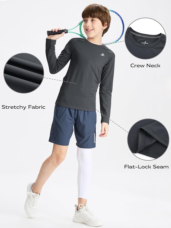 DEVOROPA Youth Boys Compression Shirt Long/Short Sleeve Football Baseball Undershirt Quick Dry Kids Sports Baselayer Crewneck