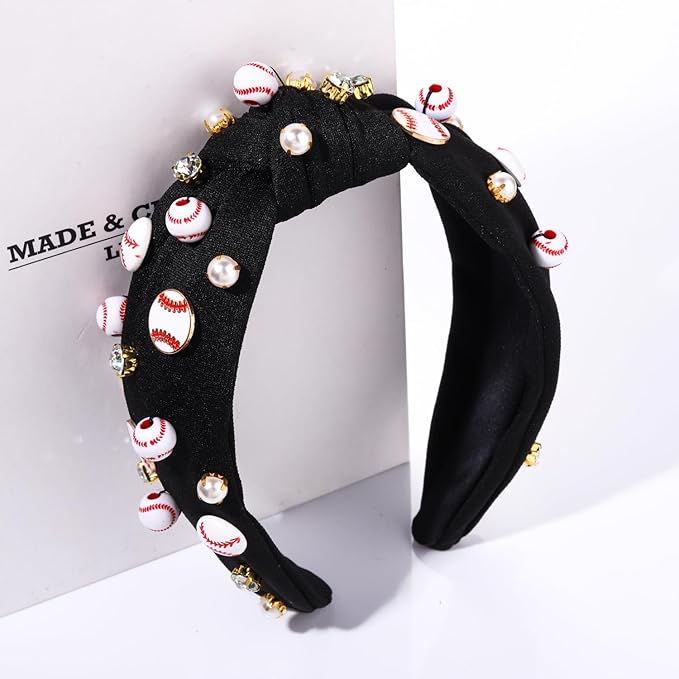 Baseball Headband for Women Baseball Accessories Beaded Crystal Pearl Knotted Headbands Baseball Charm Embellished Headbands Wide Top Knot Sports Game Day Headband Gifts (Black)