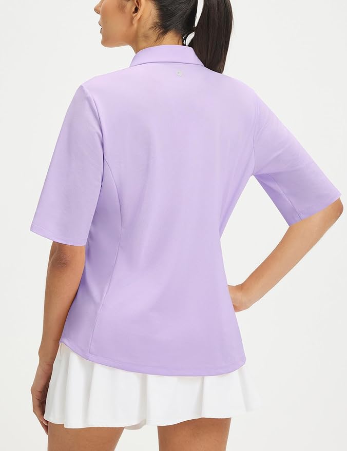 baleaf Women's Golf Shirts Half Sleeve Elbow Length Sleeves Polo Tops Workout Athletic Collared Quarter Zip V Neck UPF