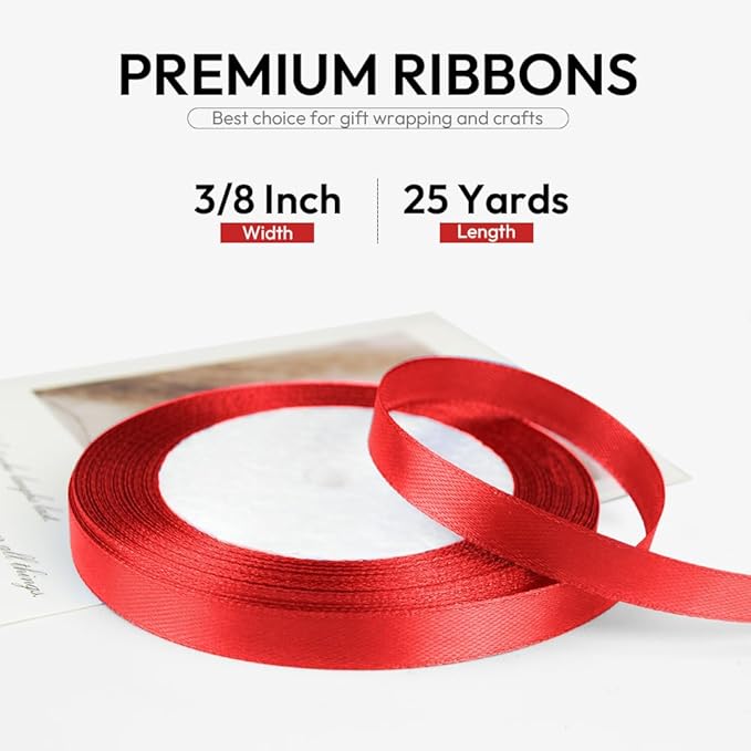 3/8 Inch 25 Yards Satin Ribbon Red, Solid Color Fabric Ribbon - Image 2