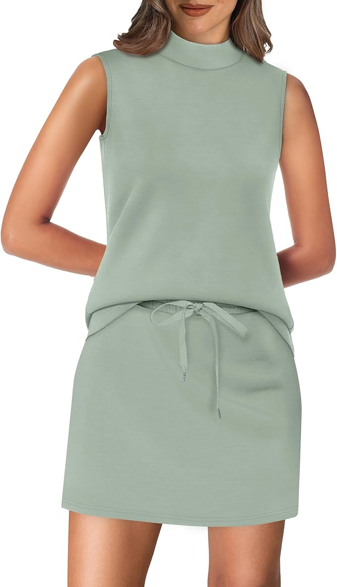 XIEERDUO Two Piece Skirt Sets for Women Summer Beach Vacation Resort Cruise Outfits Mock Neck Tops Tennis Skirt Sets