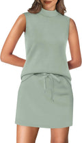 XIEERDUO Two Piece Skirt Sets for Women Summer Beach Vacation Resort Cruise Outfits Mock Neck Tops Tennis Skirt Sets