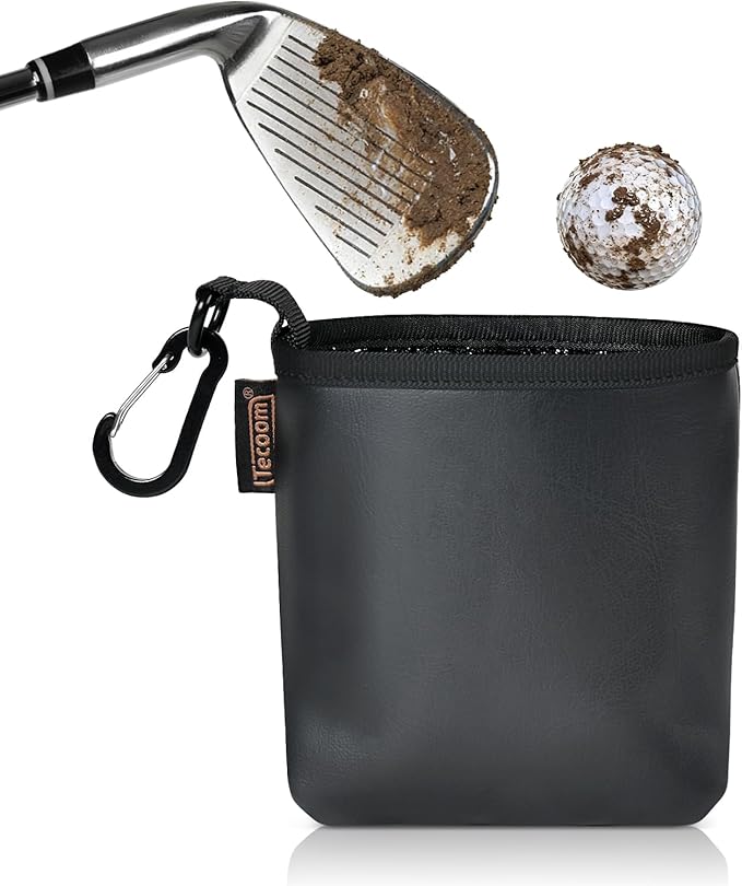 Teccom Golf Club and Ball Cleaning Bag, Golf Cleaner Pouch with Three-Layer Waterproof Fabric Technology, Microfiber Layer, Neoprene, PU Leather Exterior, Detachable Clip, Golfer Gift
