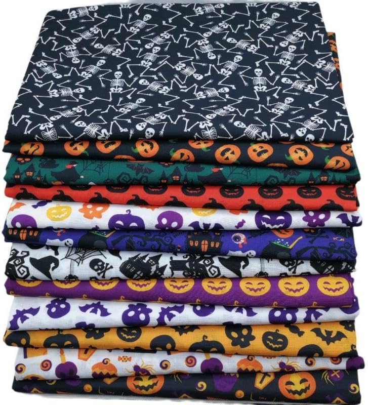 12Pcs Halloween Cotton Fabric Bundles, 20x20 Inch Halloween Sewing Fabric Squares Pumpkin Ghost Bat Printed Cloth for DIY Quilting Craft Decor