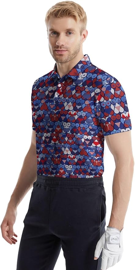 HUURAY Funny Golf Polos for Men Funny Print Short Sleeve Shirts Quick Dry Polo Shirts Hawaiian Shirt Performance Golf Outfits