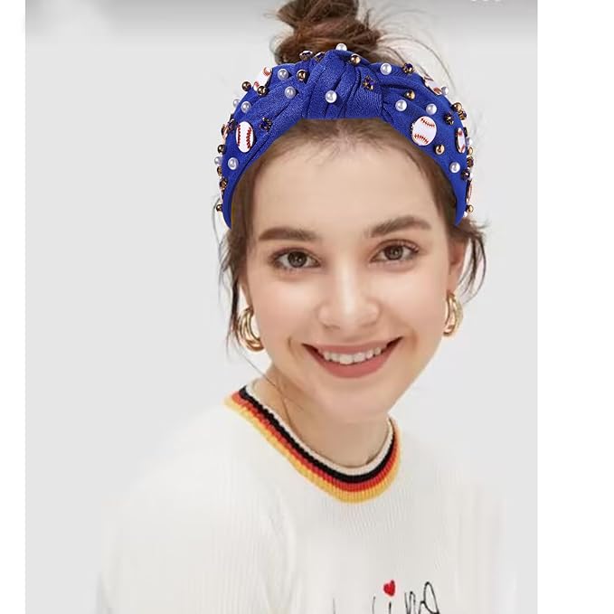 Baseball Headband for Women Baseball Accessories Beaded Crystal Pearl Knotted Headbands Baseball Charm Embellished Headband Wide Top Knot Sports Game Day Headband Gifts (A-Navy Blue)