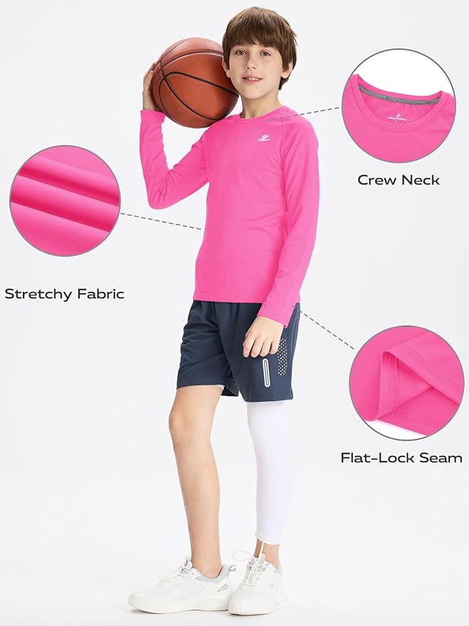 DEVOROPA Youth Boys Compression Shirt Long/Short Sleeve Football Baseball Undershirt Quick Dry Kids Sports Baselayer Crewneck